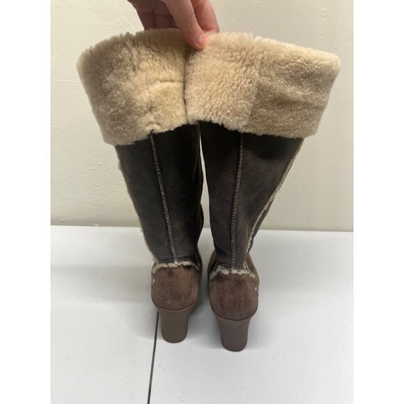 Ugg Womens 9 Tall Boots Wedge Brown Leather Shearling Fold Over 5451 Sandra - Picture 10 of 15